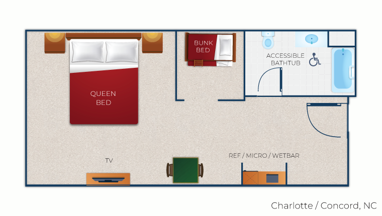 The floor plan for the accessible bathtub Wolf Den Suite 